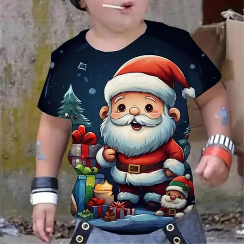 Детские новогодние футболки с принтом Санта-Клауса, удобный модный топ с коротким рукавом для мальчиков