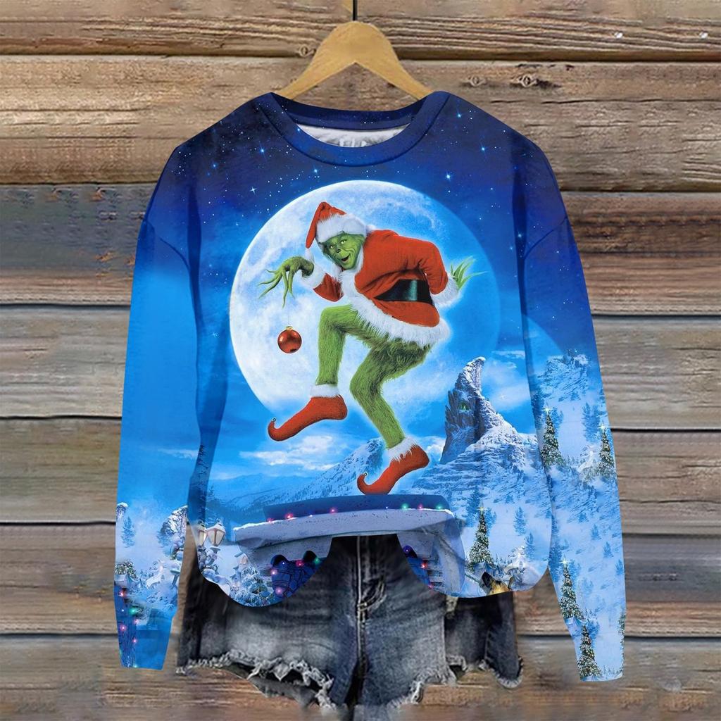 Women's Fashion Christmas Printed Long Sleeve Loose Round Neck Sweatshirt Top