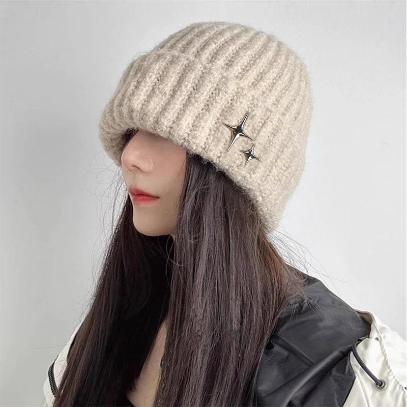 Women's Autumn and Winter Wool Hat Big Head Circumference Versatile Warm Ear Protection Cold Hat Showing Face Small Stars Decorative Knitted Hat Men