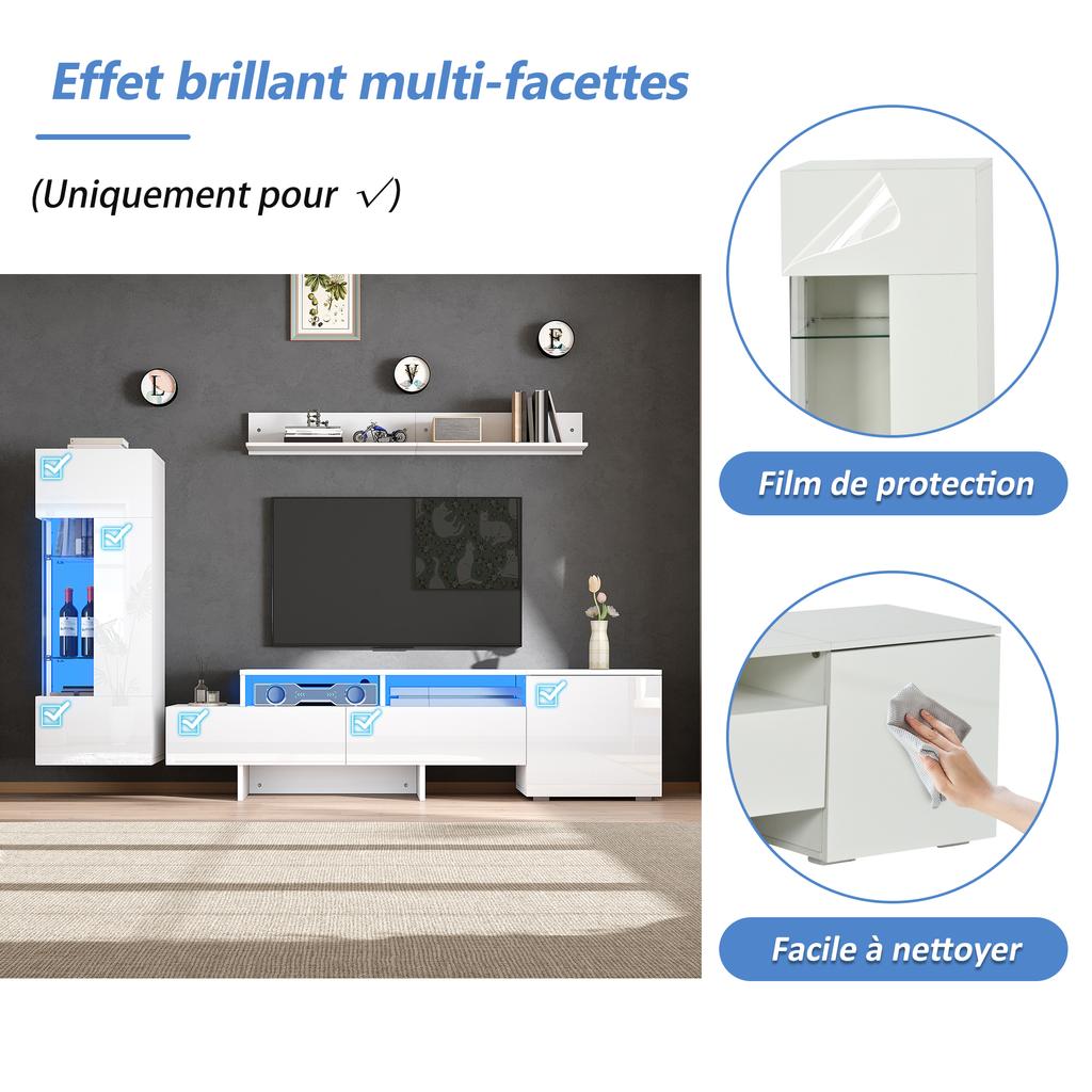 TV Wall Unit Set 3-Piece, High Gloss, Modern Cabinet with LED, Freestanding and Wall-Mounted, Acrylic Doors, Glass Partition, White, TV up to 70'