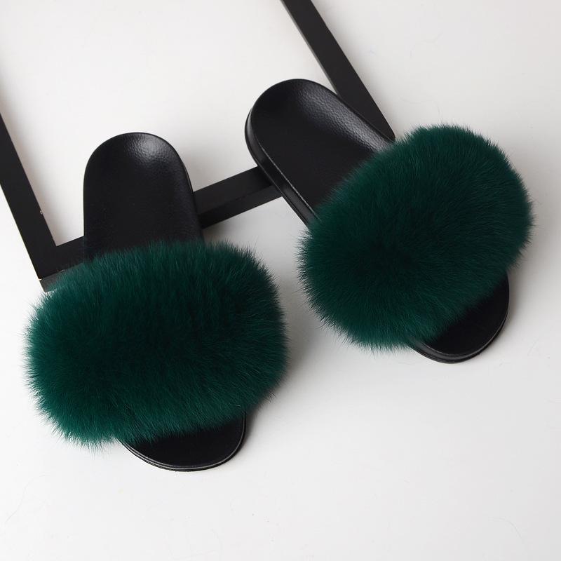 Furry Slippers for Women The Same Style In Summer Real Fox Fur Slippers Plus Size Female Sandals