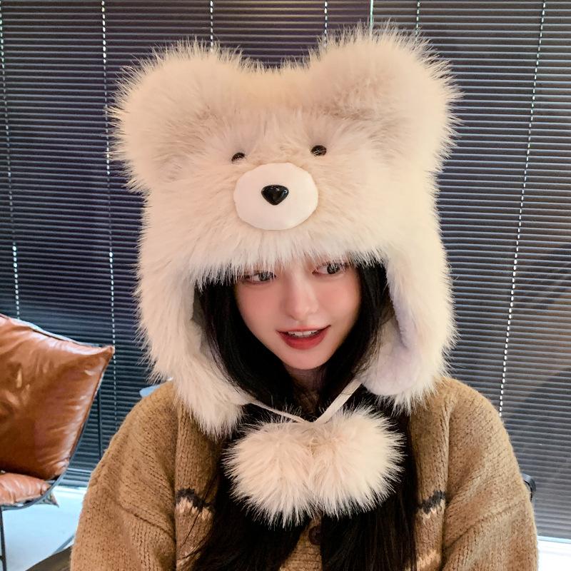 Милая плюшевая шапка-медведь женская зимняя утолщенная теплая универсальная шапка-пуловер показывает маленькое лицо и защищает уши от холода