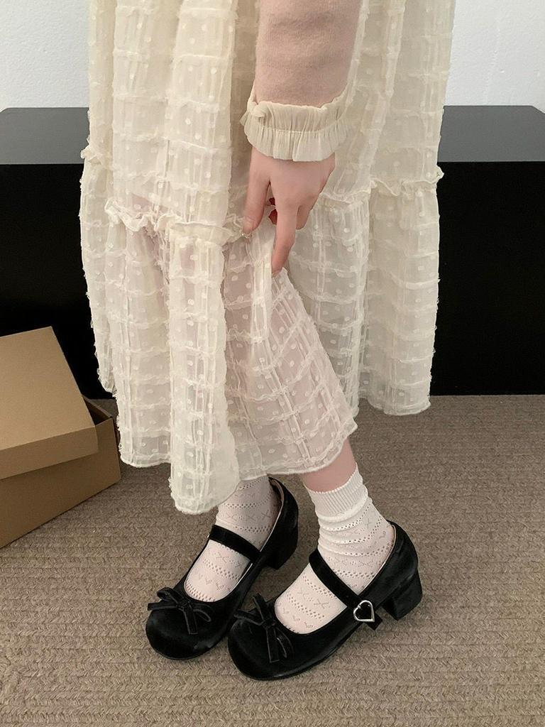 French Round Head Mary Jane Shoes Women's Retro 2024 New Summer Versatile Bow Platform Thick Heel Small Leather Shoes