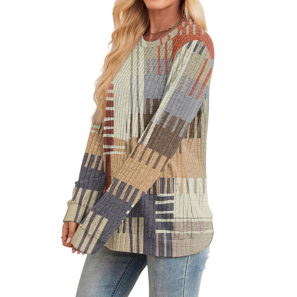 Модный женский легкий свитер с длинными рукавами, в клетку, полоску, с принтом, с круглым вырезом