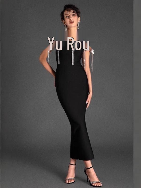 European & American One-Shoulder Rhinestone Bow Tassel Dress