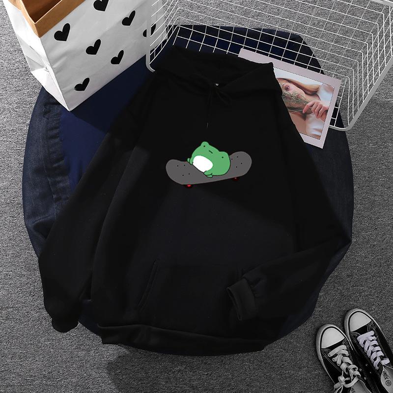 Женские осенне-зимние скейтборды с лягушкой и принтом, универсальные толстовки с капюшоном на шнуровке