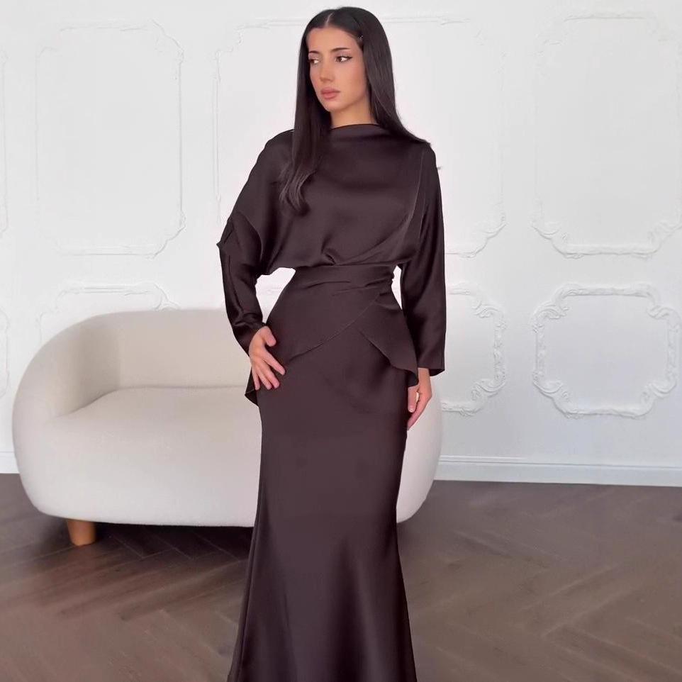 Женский атласный комплект на одно плечо с завязкой на талии, длинная юбка, осень 2025