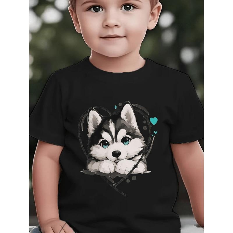 European sizes Boys' Short-Sleeve T-Shirt with Husky Puppy Print - Boys' Round Neck Casual Shirt Suitable for Spring Summer Fall