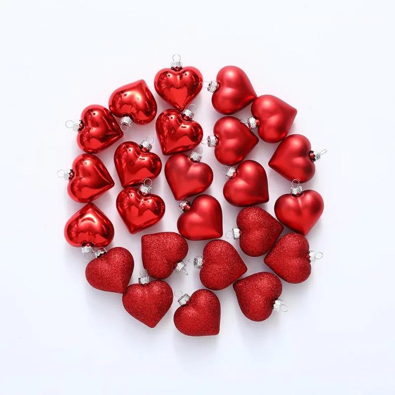 24pcs Red Glitter Love Heart Hanging Ornaments Romantic Heart Balls Christmas Tree Decor DIY Valentines Wedding Party Supplies