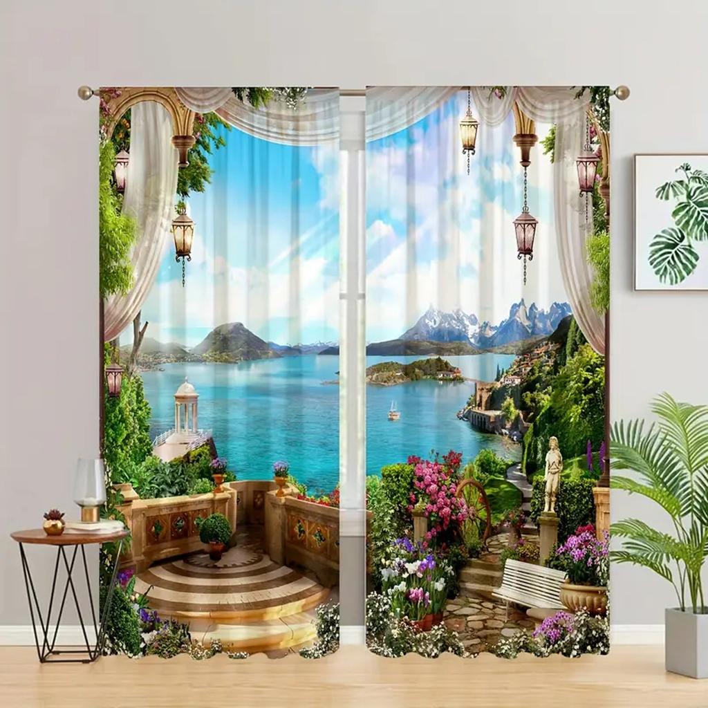 2pcs 3D Balcony Beach Landscape Curtain Window Treatment For Bedroom Living Room Kitchen Study Room Home Decor Free Shipping
