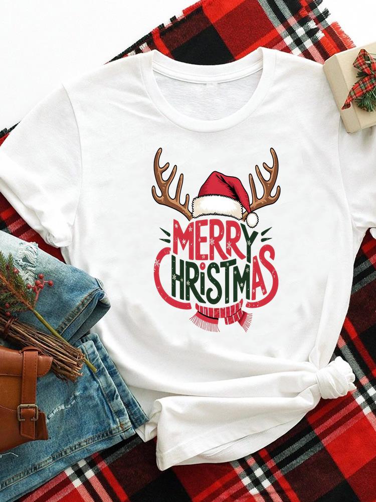 (Asian Size) Merry Christmas New Year O-neck Women's Top T Clothing Lovely Tree Trend 90s Print Short Sleeve T-shirts Fashion Holiday Graphic Tee
