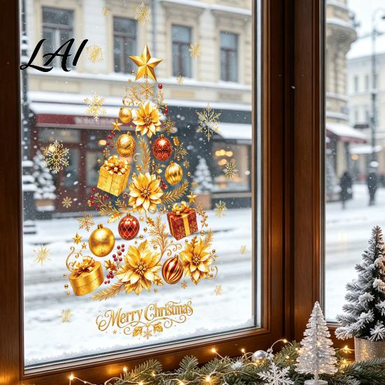 Christmas Window Clings 2 Sheets Gold Clings Static Stick Tree Snowflake Holiday Shop Displays Bauble Glass Decals No-Glue Removable Winter