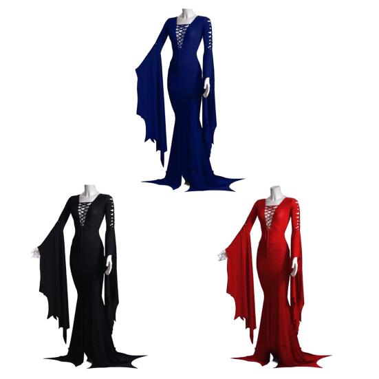 Женское длинное платье с V-образным вырезом, расклешенными рукавами, однотонное, с нерегулярным колышущимся дизайном, платье со шнуровкой, халат, костюм на Хэллоуин