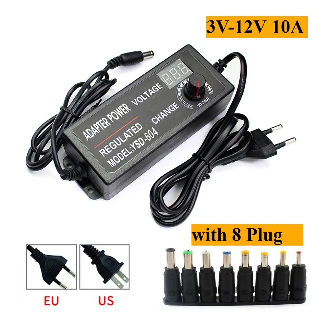 AC Adjustable Power Adapter DC 3V-12V 10A Universal Adapter With Display Screen DC Connector For 2835 5050 LED Strip EU US Plug