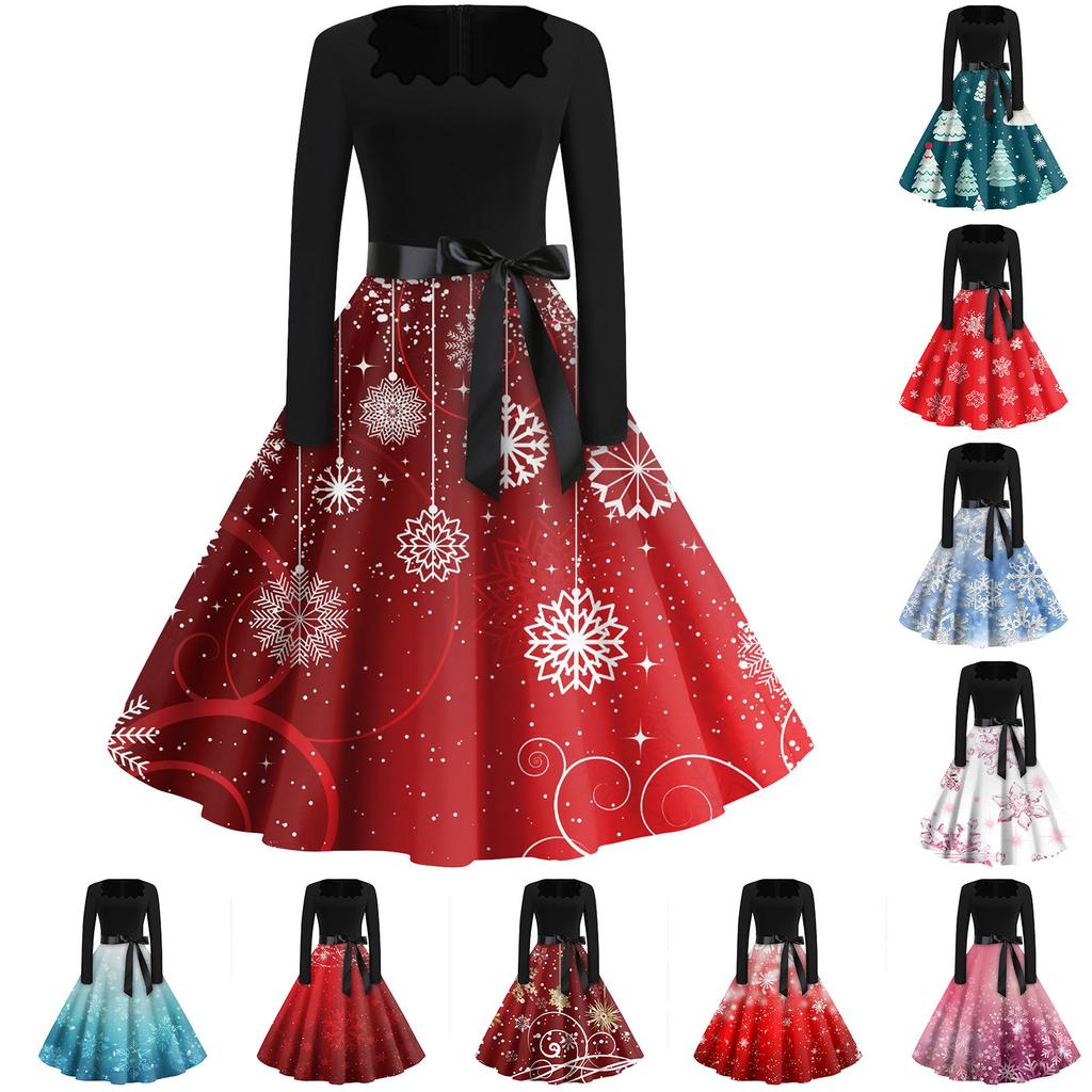 Women's Fashion Square Neck Casual Slim Christmas Printed Long Sleeve Dresses