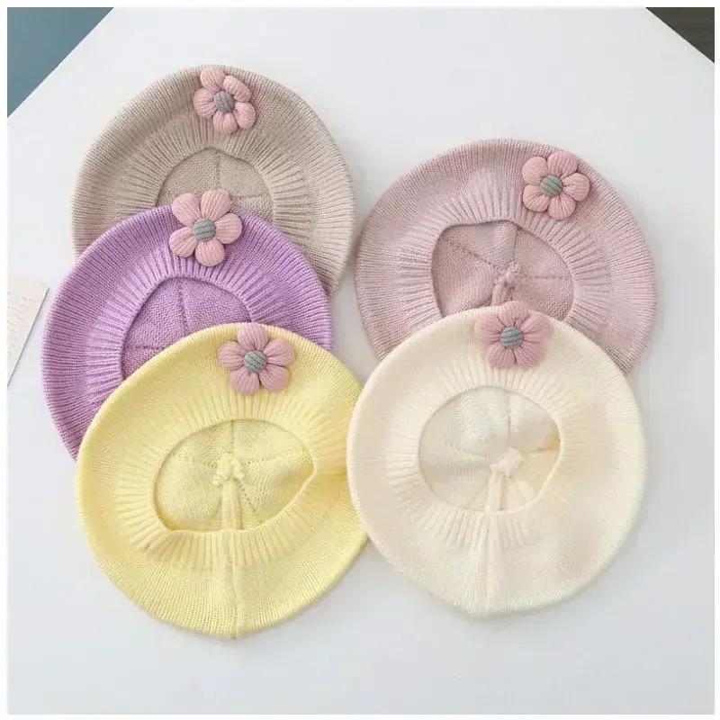 Flower Baby Beret Hat Winter Warm Knitted Beanie Cap for Infant Girls Korean Toddler Princess Artist Solid Color Painter Caps