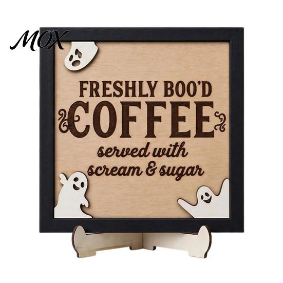 Solid Wood Festive Plaque Halloween Wooden Coffee Photo Frame, Retro Distressed Sign for Decorative Holder Countertop Decor, Rustic Autumn Holiday