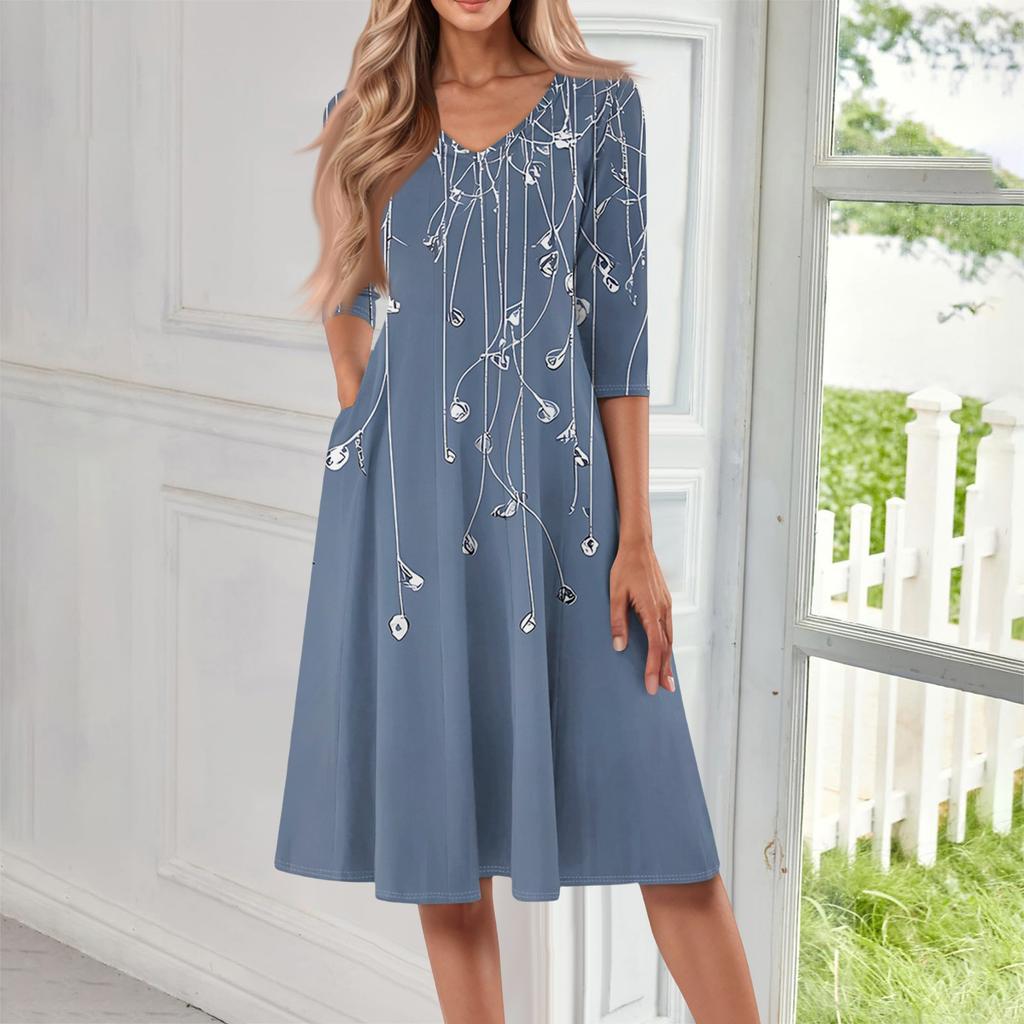 Женское повседневное модное платье миди с V-образным вырезом и рукавом три четверти