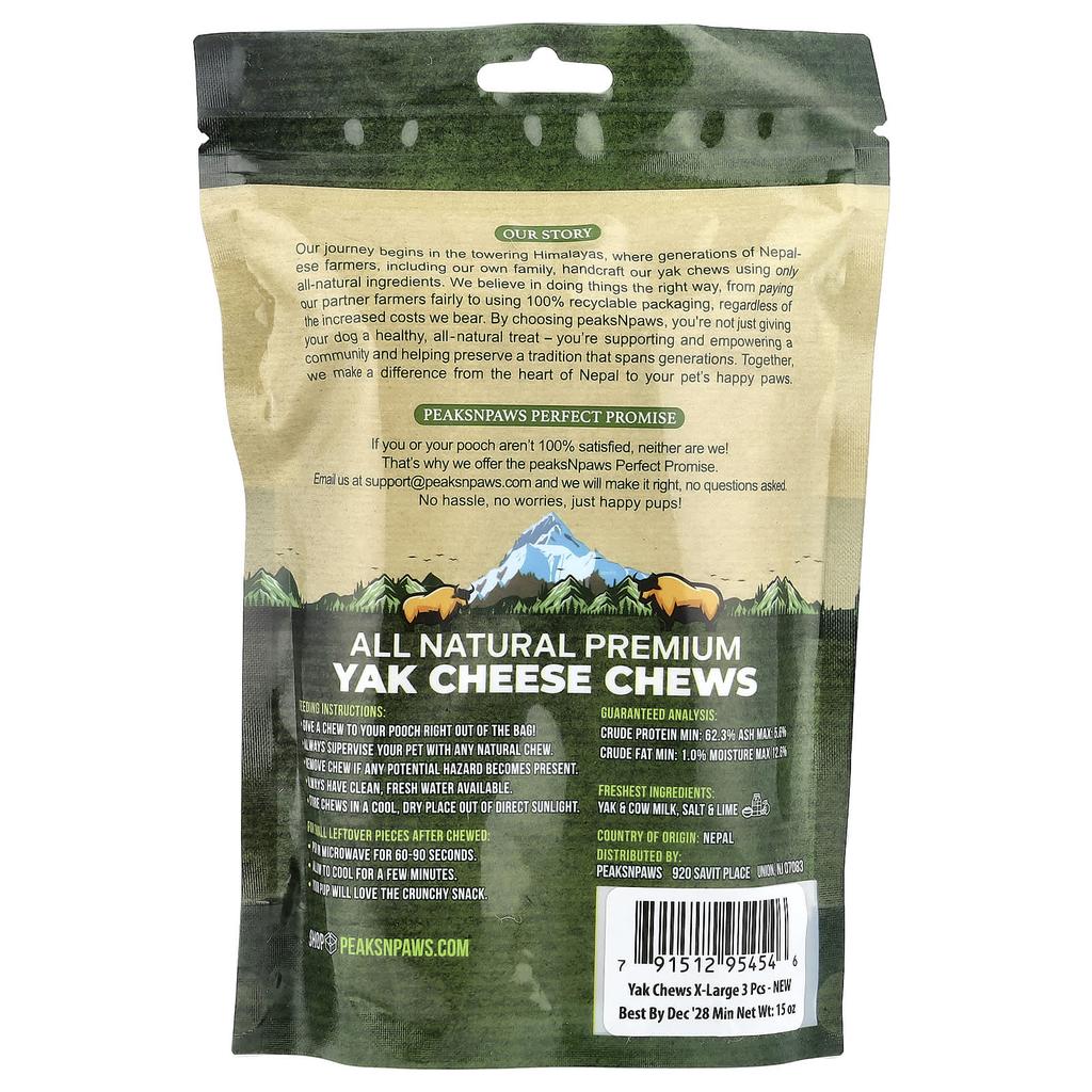 peaksNpaws, 100% Natural Premium Yak Cheese Chews, X-Large, 3 Chews, 15oz