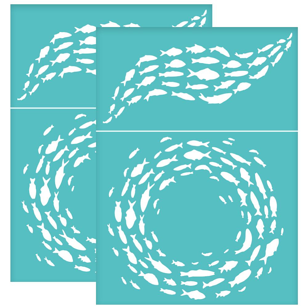 2pcs Self-Adhesive Silk Screen Printing Stencil for Painting on Wood DIY Decoration T-Shirt Fabric Turquoise Fish Pattern 195x140mm
