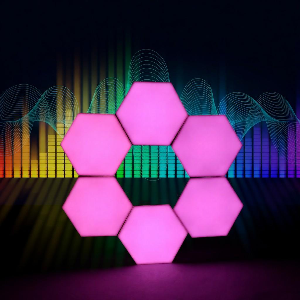 6PCS Smart LED Sound Control RGB Hexagon Wall Light with Colorful Light Effect APP Control Sticky Pads for Bedroom Living Room Gaming