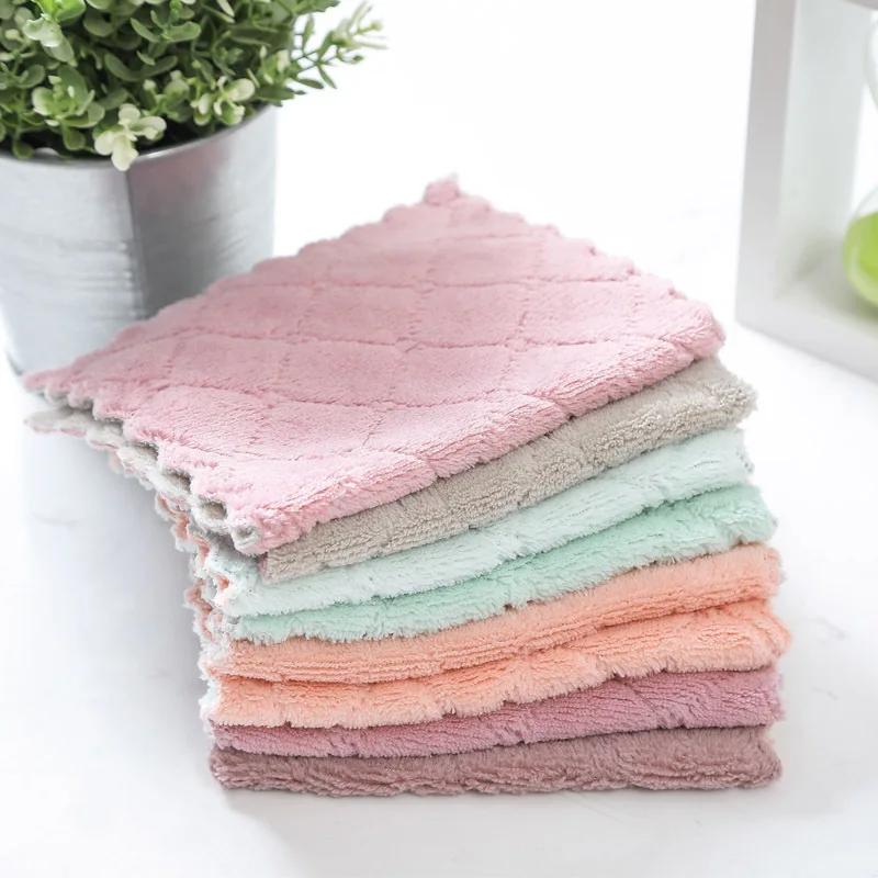 Super Absorbent Microfiber Towel Kitchen Cleaning Coral Velvet Non-stick Oil Dishcloths Double Layer Washing Rags Scouring Cloth