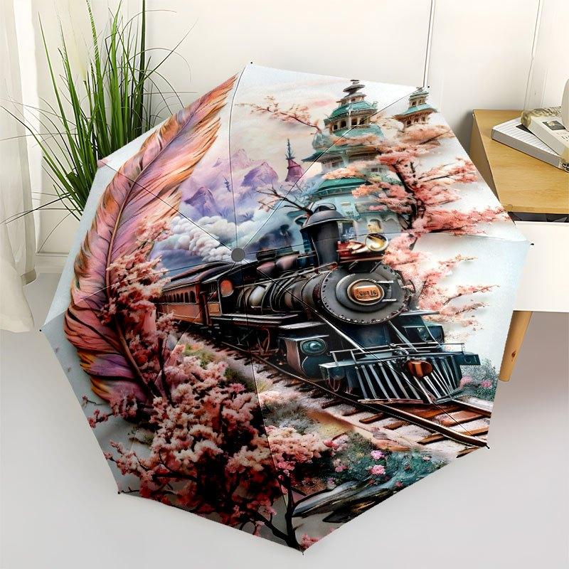 Fantasy Castle Automatic Folding Umbrella Design With 8 Ribs Lightweight Retractable Compact Umbrella For Travel Outdoor Leisure Accessory Perfect As