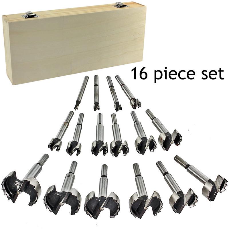 16-Piece Woodworking Drill Set: Includes Round Punch, Hinge Drill, Multi-Tooth Flat Wing Drill, Reamer & Door Lock Tools.