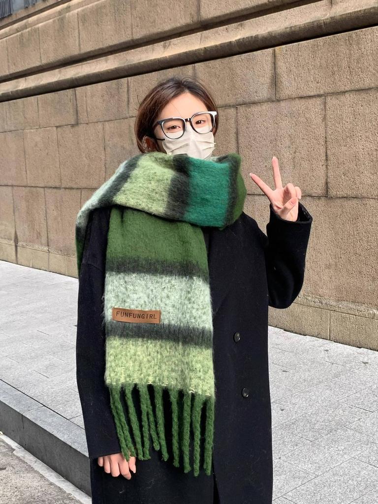 Scarf women's winter high-end sense, colored fluffy fringed large shawl, warm and versatile atmosphere, striped scarf