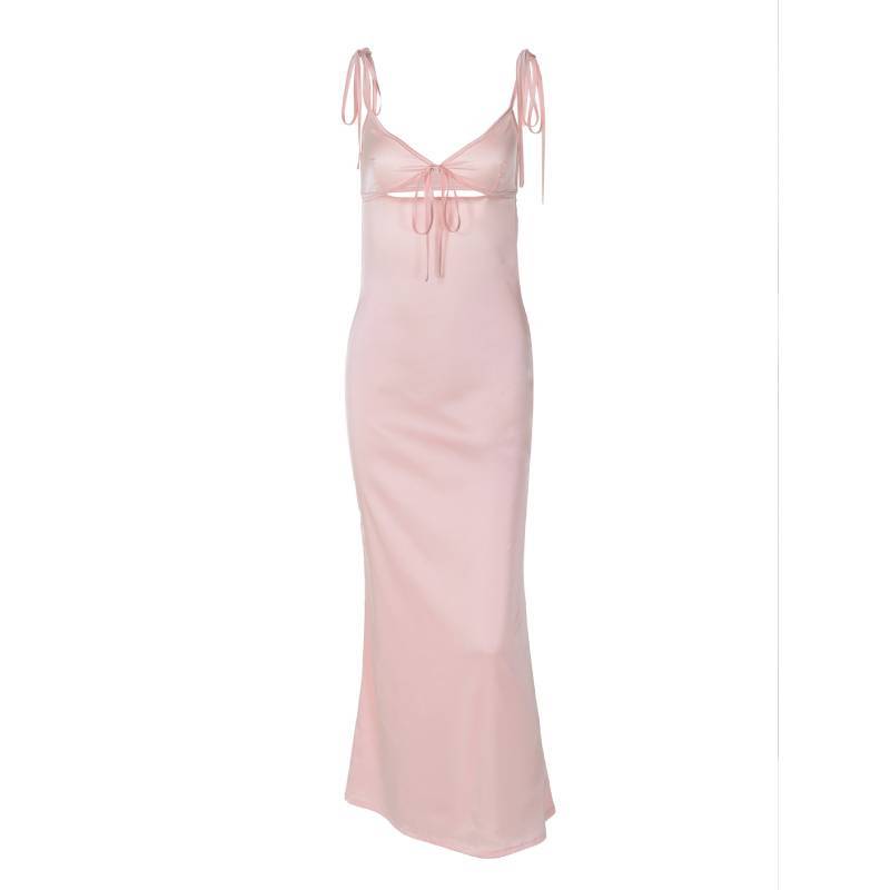 Summer Pink V Neck Slip Dress With Ties For Casual And Party Wear