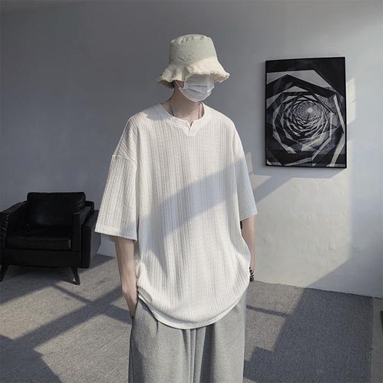 Мужская футболка с V-образным вырезом, коротким рукавом, текстурой с переплетением, однотонная свободная посадка, повседневные топы из ледяного шелка, повседневная одежда