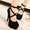 Fashion Shoes Woman Pumps Cross-tied Ankle Strap Wedding Party Shoes Platform Dress Women Shoes High Heels Suede Ladies Shoes Plus Size