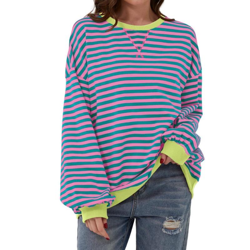 Simple Home Leisure New, Striped Pattern Round Neck Trend Long Sleeve, Pullover Color T-shirt
