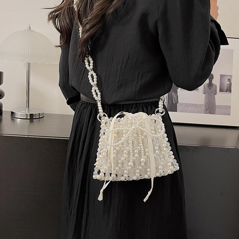 Tiny Acrylic Woven Pearl Chain Crossbody Bag With Butterfly Knot For Womens Daily Outfit