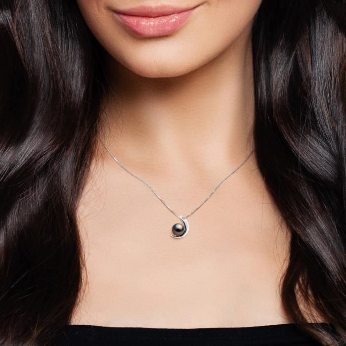 Compagnie Générale des Perles - Pendentif Croissant Véritable Perle de Tahiti Ronde 9-10 mm Or Blanc 18 Cts - Bijou Femme