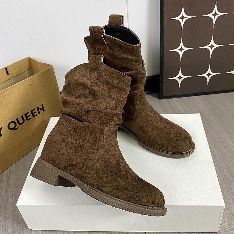 Винтажные одинарные ботинки на низком каблуке, ботинки с ворсом, женские 2025 новые осенние матовые ковбойские короткие ботинки в западном стиле, ботинки-мартин средней длины