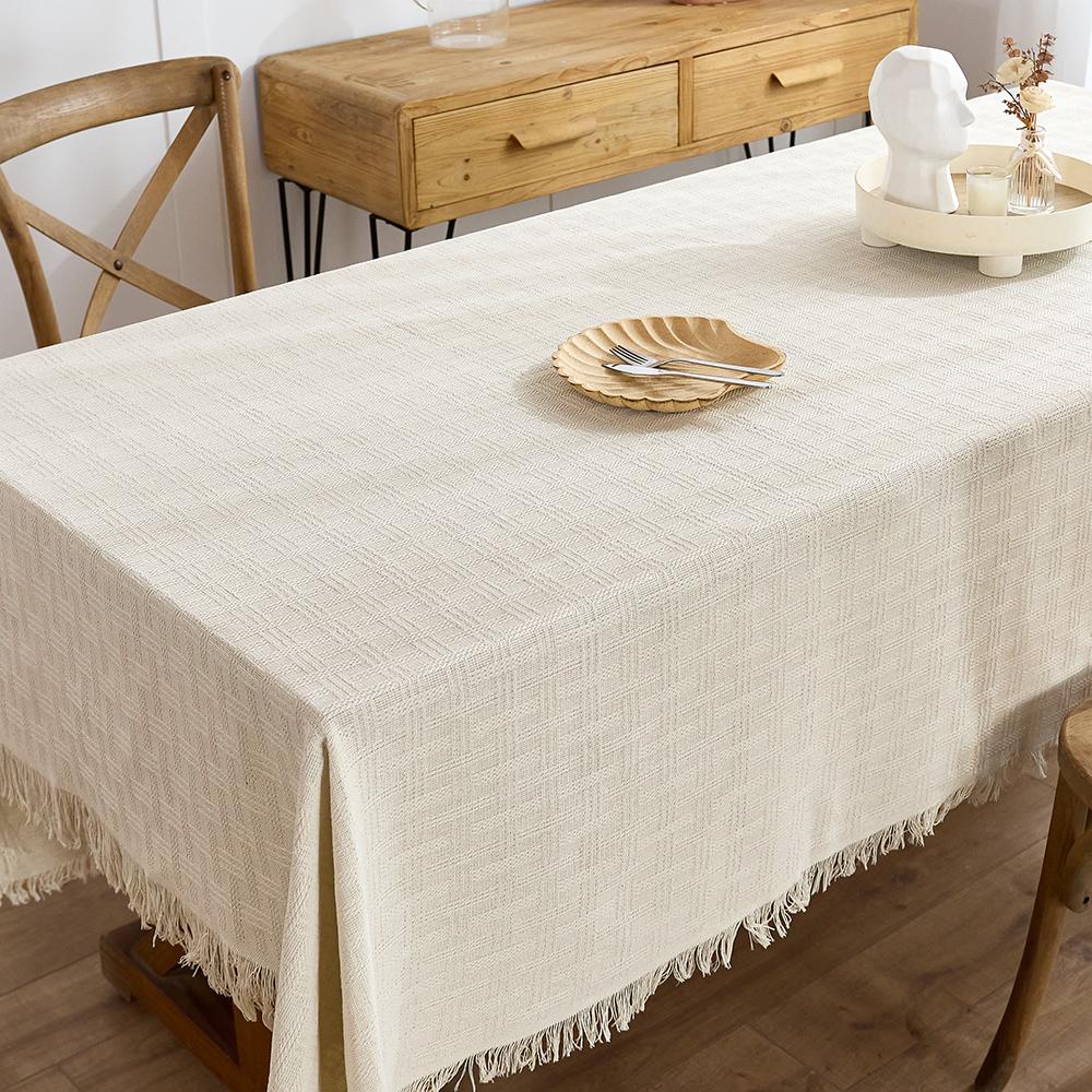 Cotton Linen Beige Tablecloth Square Table Decor Burlap Table  Covers with Tassel for Kitchen Dinning Picnic Wedding Party