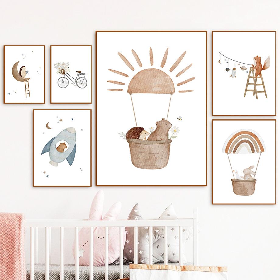 Boho Space Rocket Bear Rabbit Hedgehog Bee Flowers Nursery Posters Wall Art Print Canvas Painting Baby Kids Room Home ation