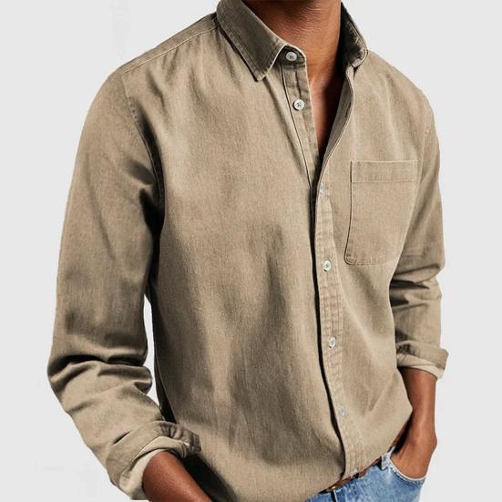 Spring Fall Men Shirt with Chest Pocket Turn-down Collar Button-down Top Long Sleeve Solid Color Loose Cardigan Casual Daily Shirt