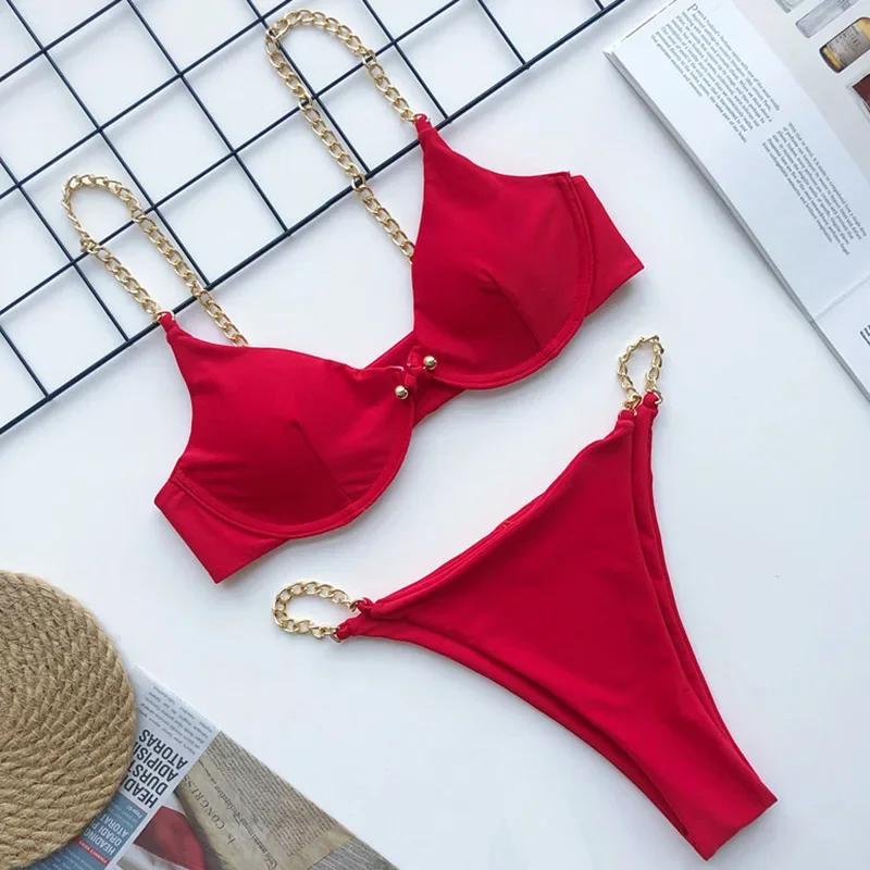 Sexy Metal Chains String High Cut One Piece Swimsuit Women Swimwear Female Monokini Tummy Cut Out Bathing Suit Swim Beach Wear