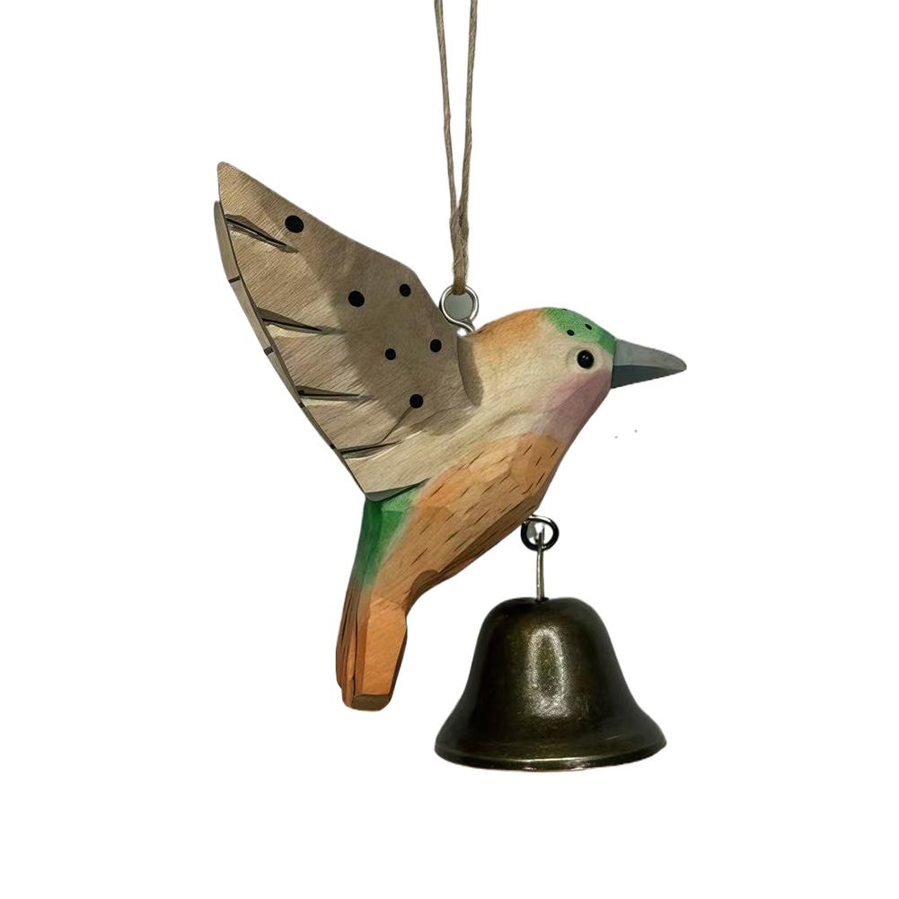 Handade Wooden Hummingbird Guardian Bell Of Good Luck Ornament,Metal Bell Bird Figurines Hanging Decor Home Housewarming Gift