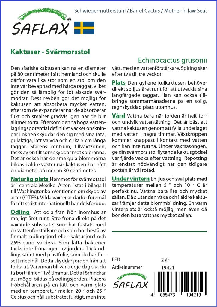 SAFLAX Garden in the Bag - Кактус-бочка / Сиденье для тещи - 40 семян - С субстратом в подходящем пакете-стойке - Echinocactus grusonii