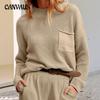 Осенне-зимние свитера, женские вязаные свитера с круглым вырезом и длинными рукавами, с карманом, в непринужденном стиле