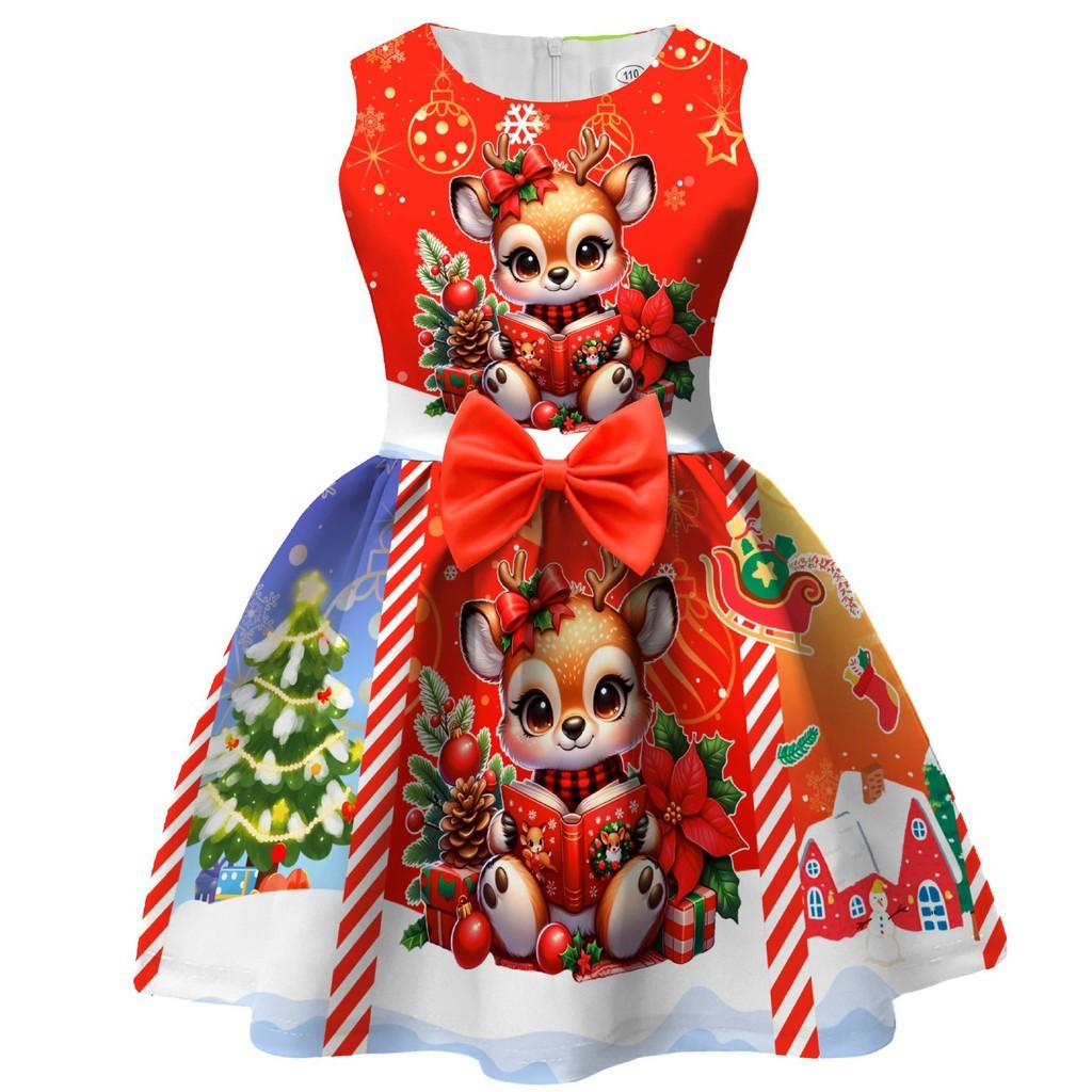 Детское платье для девочек с мультяшным принтом Санта-Клауса, рождественской елки, лося, бантом, без рукавов, повседневное
