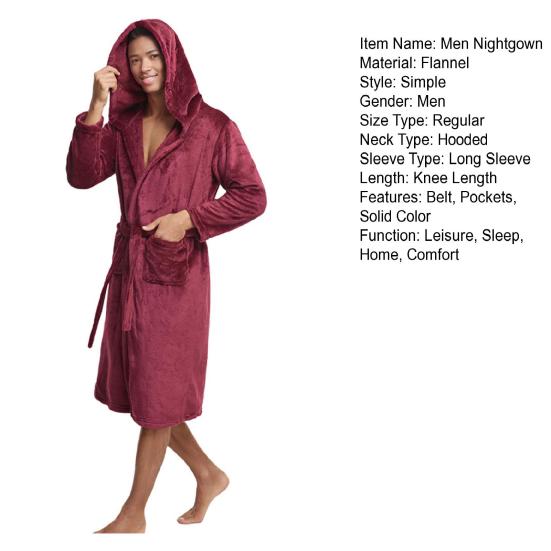 Men Nightgown Hooded Long Sleeve Belt Flannel Bathrobe with Pockets Solid Color Quick-Drying