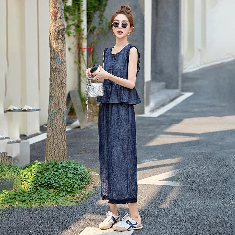 Stylish Summer 2025 Denim Jacket & Wide-Leg Pants Set