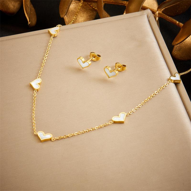 Gold Plated White Shell Heart Jewelry Set Necklace Bracelet and Earrings Fashion Jewelry for Women