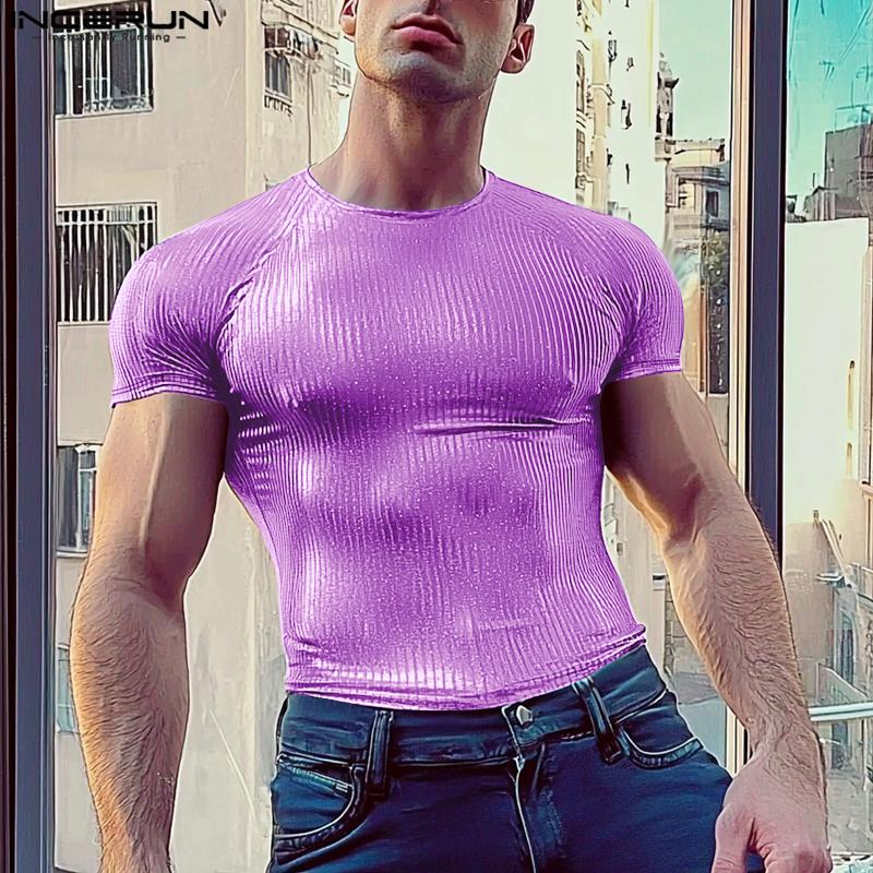 INCERUN Летние мужские футболки с коротким рукавом и круглым вырезом, повседневные, с блестками, топы