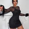 Knitted Round Neck Mesh Long Sleeve Hip Wrap Dress  Autumn New Women's Fashion Sexy Dress