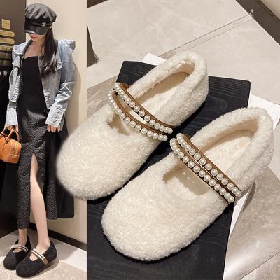 Модные повседневные туфли с круглым носком для женщин, лоферы с мехом и неглубоким носком, новинка осени, флокированная жемчужная пряжка, повседневные туфли из резины, однотонные, Mary